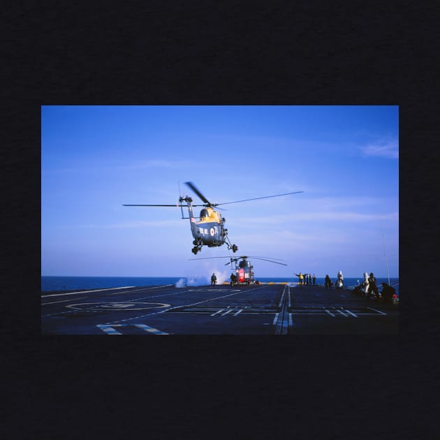 A Westland Wessex helicopter landing on the Royal Navy aircraft carrier HMS Hermes in the 1960s by ownedandloved